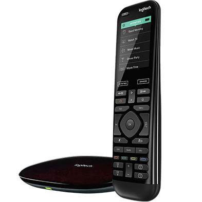 Angled-view Harmony Elite universal remote control, hub and app